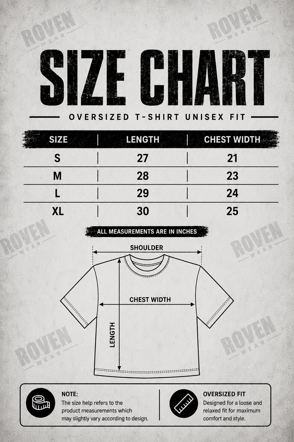 Size chart graphic for an oversized unisex T-shirt, showing a measurement table from S to XL with length and chest width in inches, plus a simple line drawing of a shirt with labeled shoulder and chest width measurements.