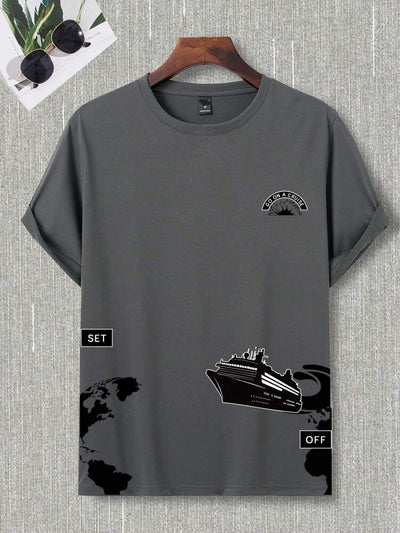 Mens Cotton Sticker Printed T-Shirt Charcoal