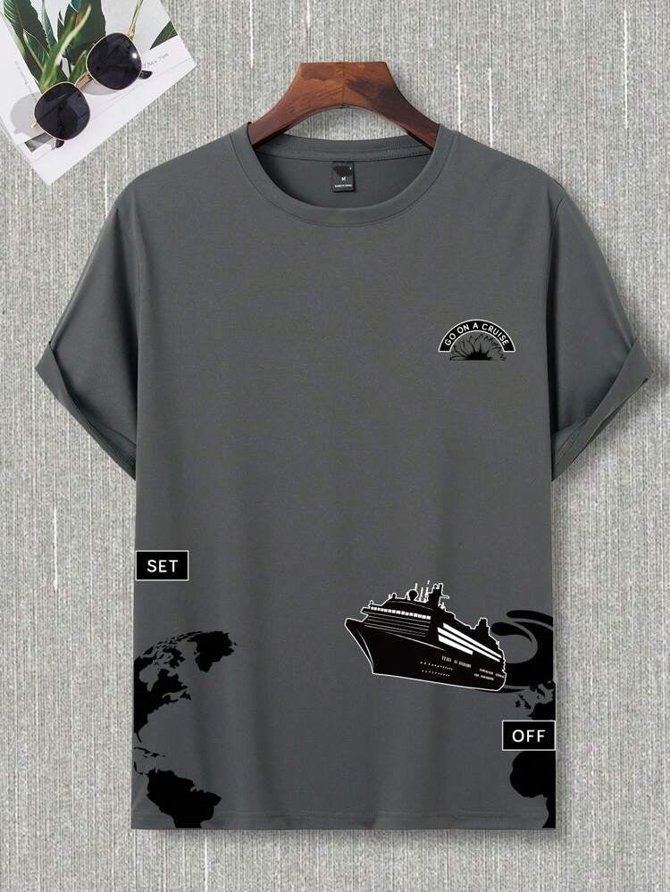 Mens Cotton Sticker Printed T-Shirt Charcoal