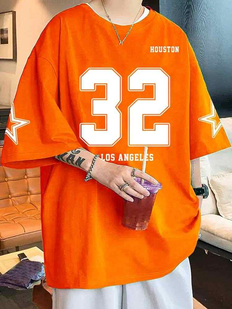 Mens Cotton Sticker Printed T-Shirt Orange