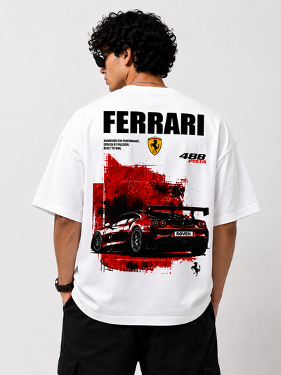 A man wearing a white t-shirt from the back, featuring a large graphic print of a red Ferrari 488 Pista sports car with a red paint splatter design and the word 'FERRARI' in bold black letters.