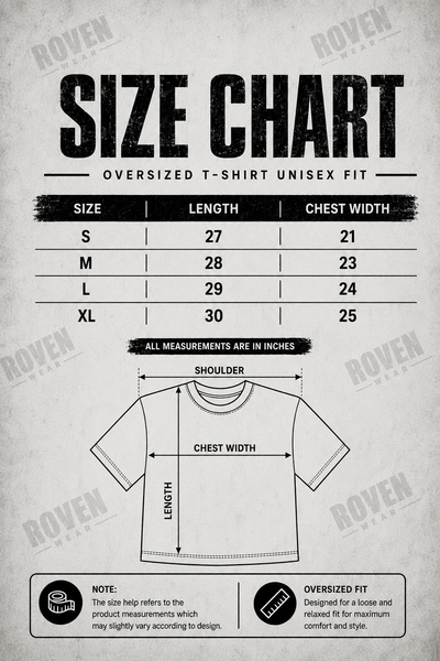 Size chart graphic for an oversized unisex T-shirt, showing a measurement table from S to XL with length and chest width in inches, plus a simple line drawing of a shirt with labeled shoulder and chest width measurements.